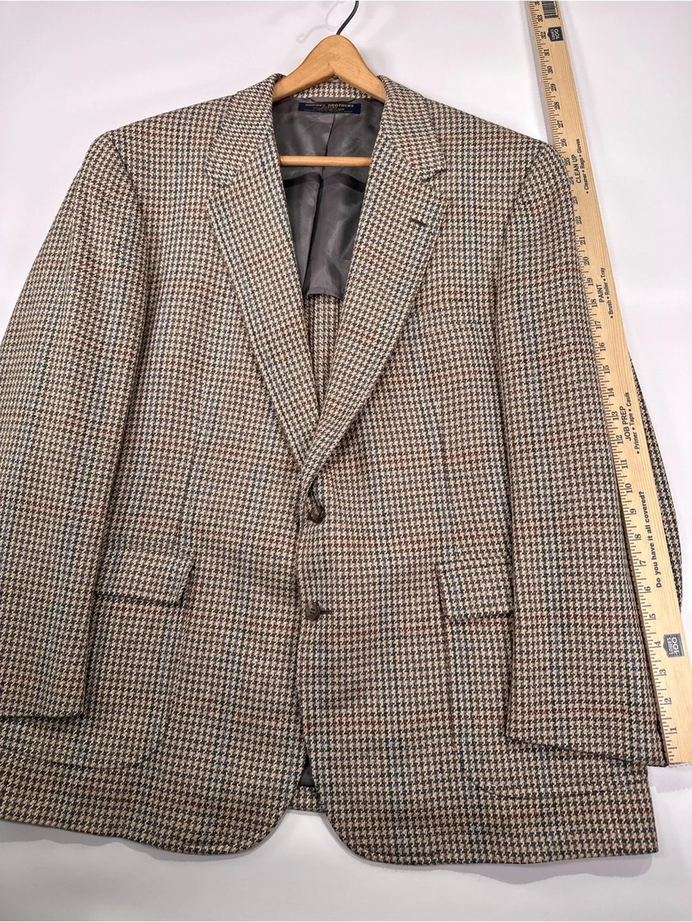 Brooks Brothers Blazer Vintage Silk Wool Houndstooth Plaid Brown Blue 46R